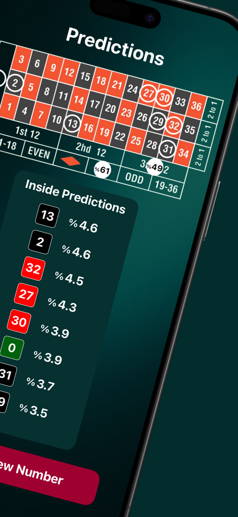 Mobile app screen displaying AI generated roulette number predictions and win percentages