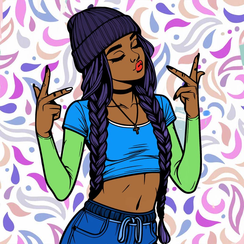 realistic teenage girl with braids and a beanie and crop top doing 🫶🏼