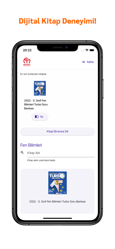 Smartphone mostrando la interfaz de la aplicación Biblioteca Móvil Model con un libro de texto de ciencias de 5º grado turco.