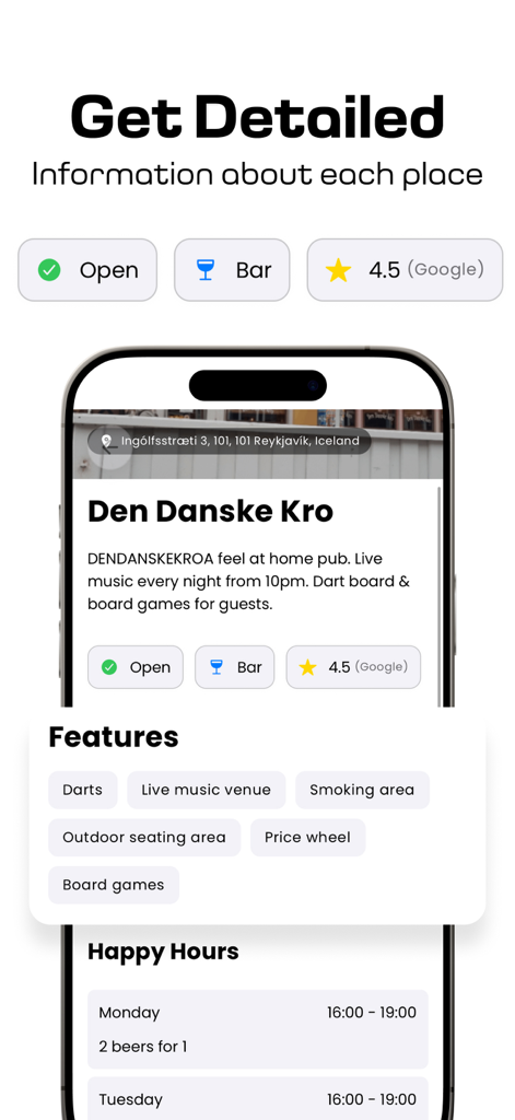 Barhopp - Happy Hour & Events - Interfaccia dell'app che mostra informazioni dettagliate e happy hour per un bar a Reykjavik