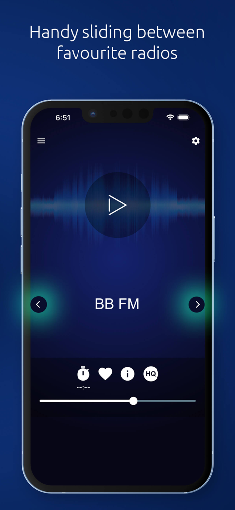 SK Radio - SK Radio App zeigt den Player-Bildschirm mit Pfeilen zum Durchschalten zwischen bevorzugten slowakischen Radiosendern