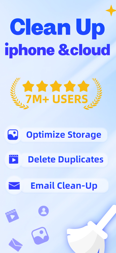 iPhoneとクラウドのストレージクリーナーアプリのインターフェース。最適化と重複削除のオプションが表示されています
