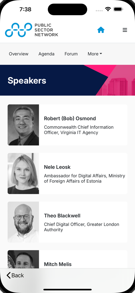 A directory of professional speakers and government officials on the Public Sector Network app