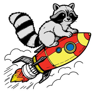 realistic raccoon flying on top rocket ship