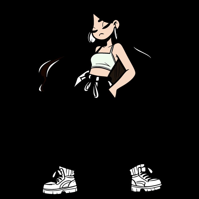 girl in baggy pants crop top and long hair