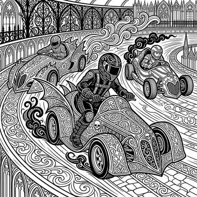 Ignite your imagination with a dark twist on classic racing! This intricate coloring page brings together the adrenaline of speedway racers with the ornate elegance of Gothic art, creating a scene rich with detail. Prepare for a captivating and unique coloring journey.