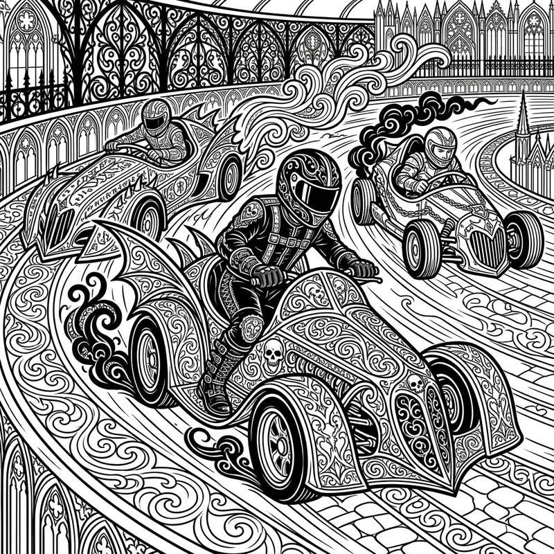Ignite your imagination with a dark twist on classic racing! This intricate coloring page brings together the adrenaline of speedway racers with the ornate elegance of Gothic art, creating a scene rich with detail. Prepare for a captivating and unique coloring journey.