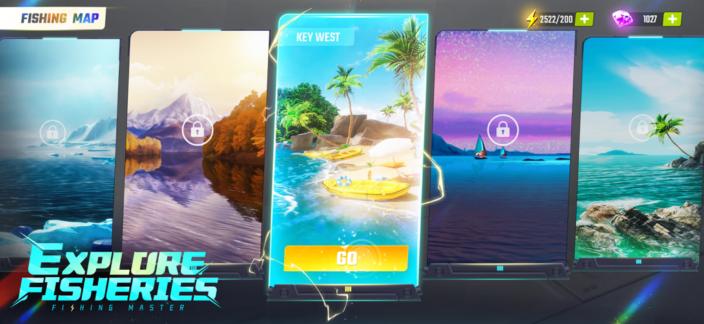 Menú del mapa del juego Fishing Master mostrando diferentes lugares de pesca escénicos como Cayo Hueso.