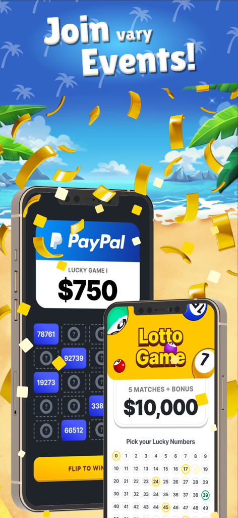 Tropical Crush: Lucky Match - Tropical Crush Lucky Match에서 현금 상금 및 복권 게임을 표시하는 두 개의 스마트폰