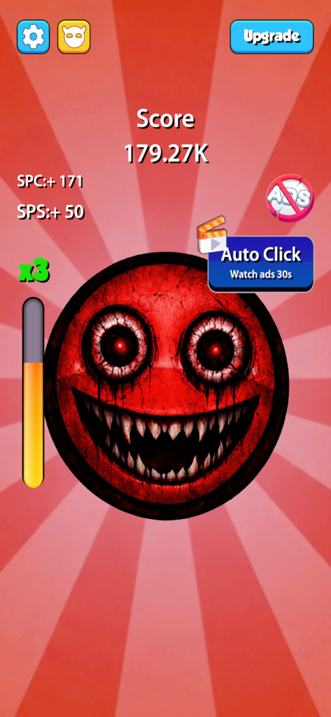 Fun Clicker. - A scary red emoji with sharp teeth and glowing eyes in the Fun Clicker game interface