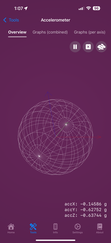 Real time accelerometer sensor data with 3D motion visualization in Lirum Device Info app