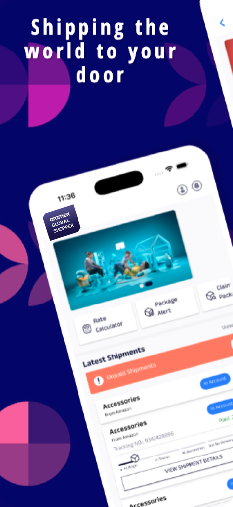 Aramex Global Shopper - 出荷追跡と「世界をあなたの玄関へ発送」というスローガンが表示されたAramex Global Shopperアプリのインターフェース