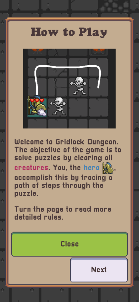 Gridlock Dungeon - A How to Play tutorial screen for Gridlock Dungeon explaining how to trace a path to clear creatures