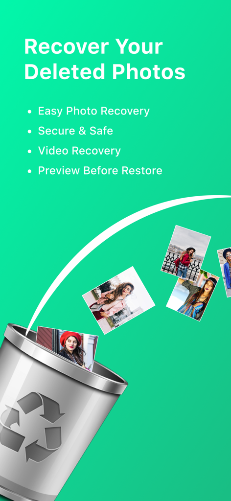 iOS app screenshot showing photo recovery feature with pictures flying out of a trash bin