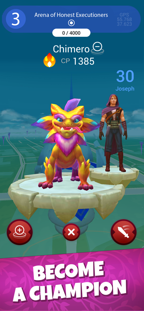 Draconius GO: Catch a Dragon! - A player character standing next to a Chimero creature in a Draconius GO game arena