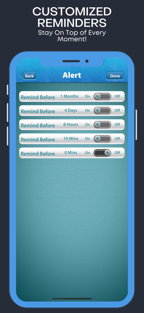 Holiday and Vacation Countdown - Interface of the vacation countdown app showing multiple customized reminder and alert settings