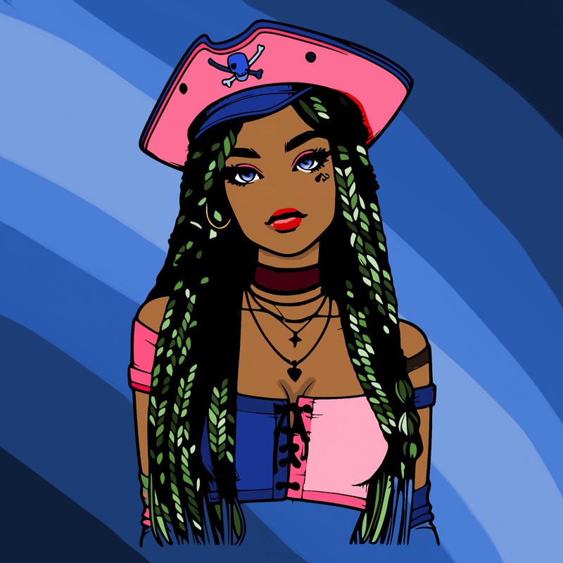 realistic girl with box braids a realistic pirate hat and crop top