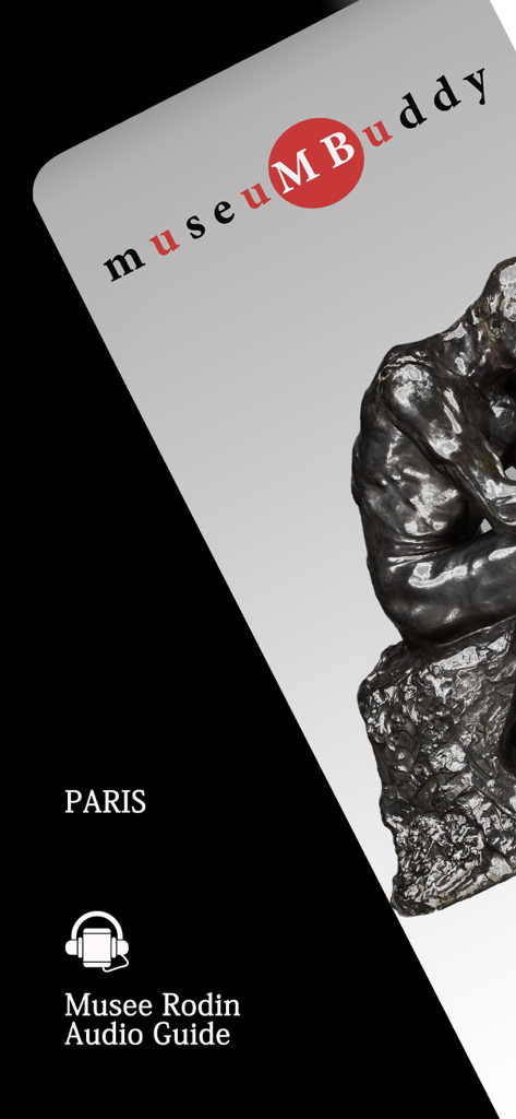 Musee Rodin Audio Guide app splash screen featuring The Thinker sculpture and museumBuddy logo