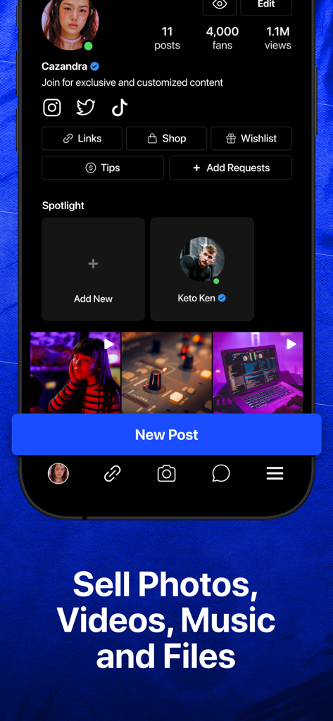Luvi - Luvi app interface showing a creator profile page with buttons to sell digital content like photos and videos