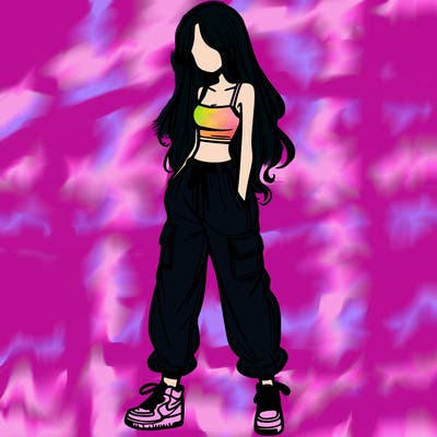 girl in baggy pants crop top and long hair