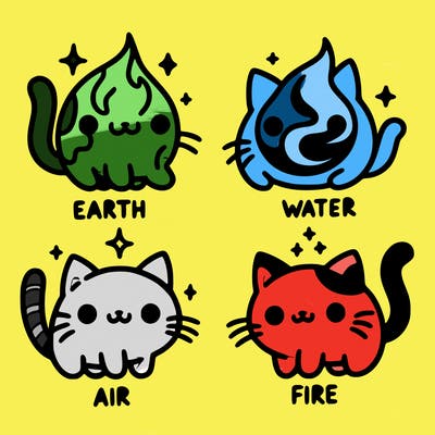 4 cats that represent the different elements, earth, water, air, and fire