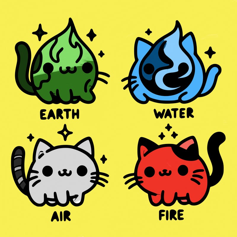4 cats that represent the different elements, earth, water, air, and fire