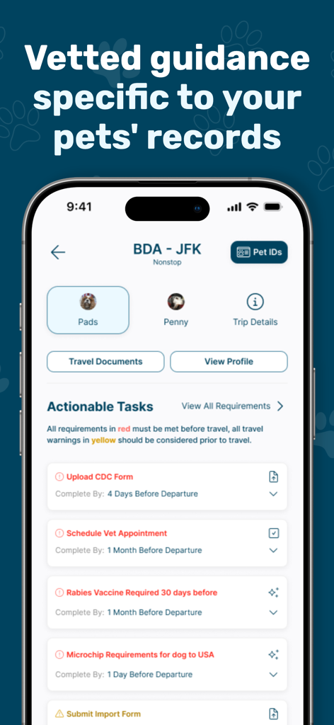 PadsPass - PadsPassアプリのインターフェイス。ペットの海外旅行のための実行可能なタスクを含む旅行チェックリストが表示されています。