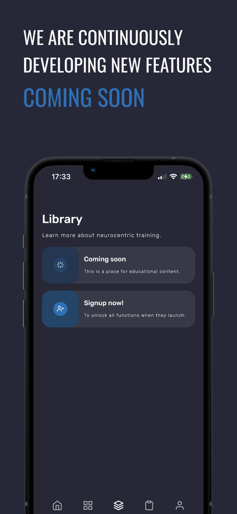 neurally -brain based training - Neurally app library screen showing upcoming educational content and signup prompt for neurocentric training features