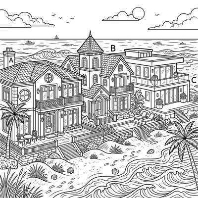 Immerse yourself in the world of luxury with this stunning coloring page featuring magnificent beachfront mansions. Perfect for teens, this intricate design invites you to bring an opulent coastal scene to life with your creative palette.