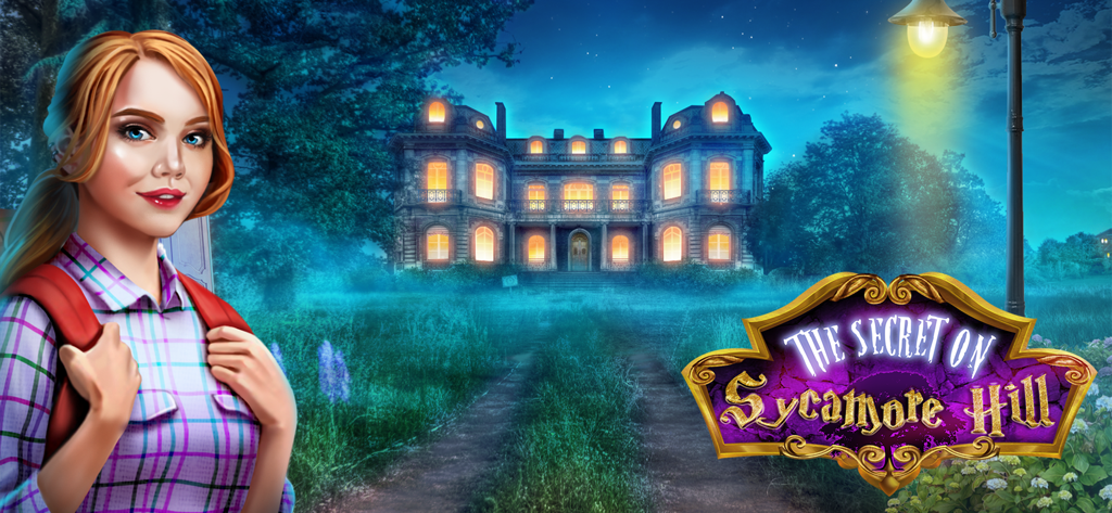 A young woman with a red backpack standing before a glowing mansion at night in The Secret on Sycamore Hill game