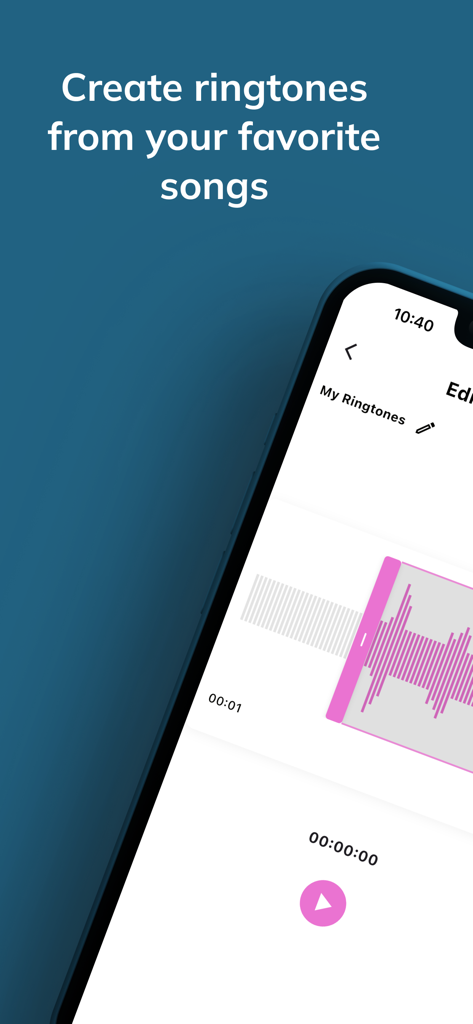 Clip Tone - Ring Tone Maker - Captura de pantalla de la aplicación Clip Tone que muestra el editor de forma de onda de audio para crear tonos de llamada personalizados a partir de canciones