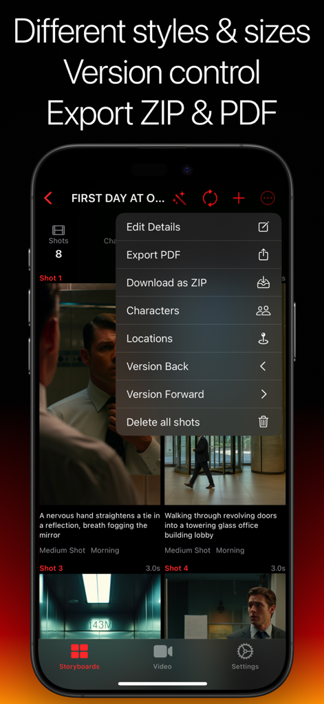 Storyboard Creator AI - Interface do aplicativo móvel Storyboard Creator AI mostrando um menu com opções de exportação PDF e ZIP e controle de versão.