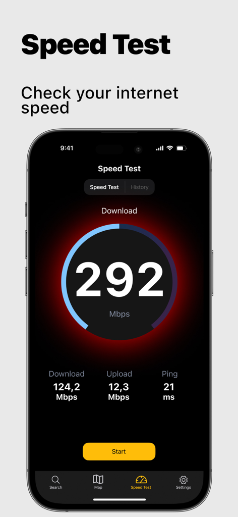 Tela de smartphone mostrando um teste de velocidade de internet móvel com resultados de download e upload
