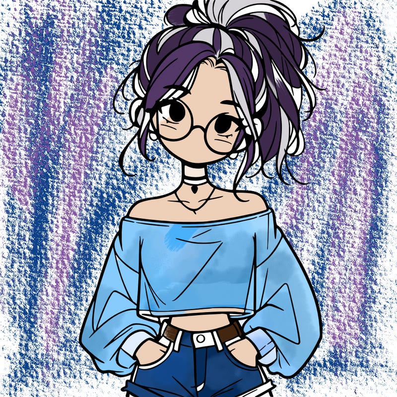 girl with a messy ponytail glasses a baggy crop top and jean shorts