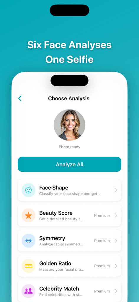 Face Shape AI app interface showing a list of facial analysis options like Face Shape and Beauty Score