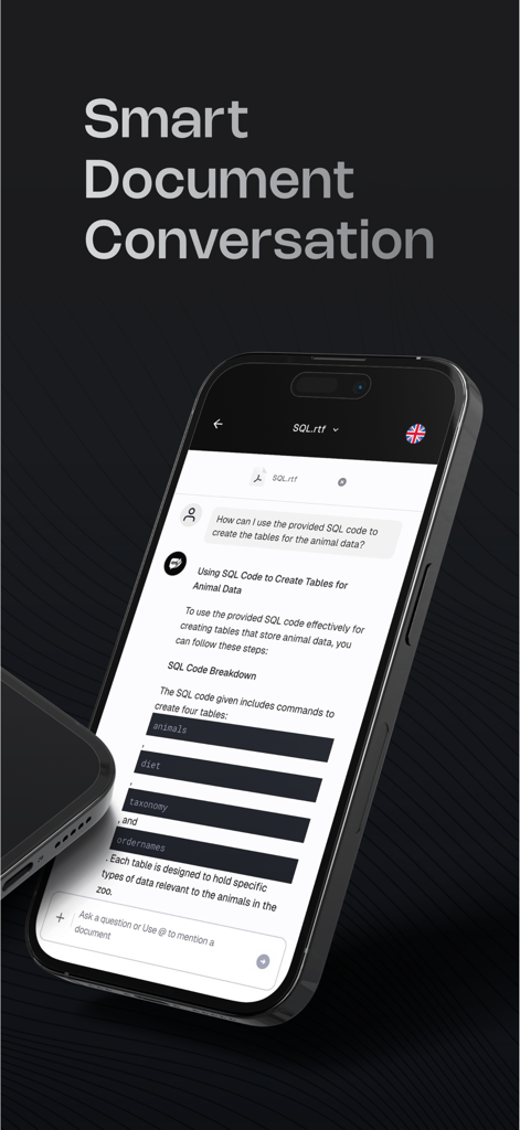 AskYourPDF app interface showing an AI chat conversation about a document