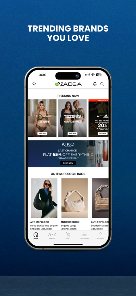 Azadea App-Startbildschirm mit angesagten High-Street-Modemarken wie Intimissimi, Kiko Milano und Anthropologie.