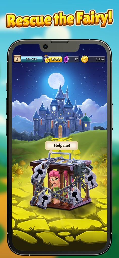 Sorcery School - A pink haired fairy trapped in a cage in front of a magical castle in the Sorcery School mobile game.