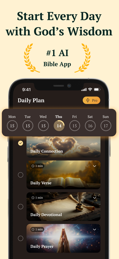 Path: Heaven bible Chat, Study - Path Bible app interface showing a daily plan with devotional verse and prayer sections