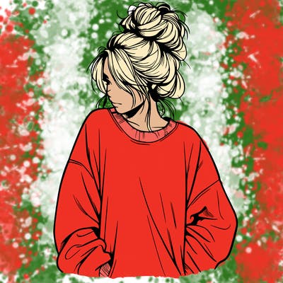 a realistic girl with a messy bunny and baggy sweatshirt