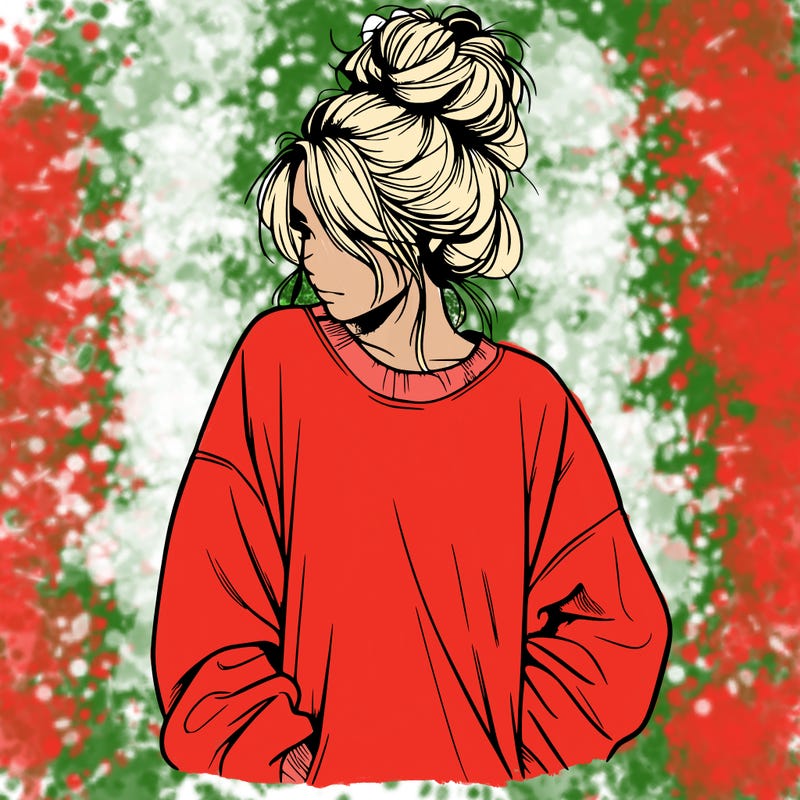 a realistic girl with a messy bunny and baggy sweatshirt
