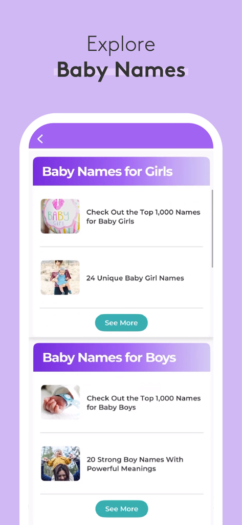 Pregnancy Baby Tracker - WTE - A screen in the What to Expect app showing categorized baby names for girls and boys.