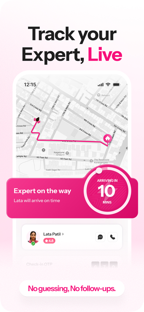 Snabbit: House Help in 10 mins - Echtzeit-Tracking-Oberfläche der Snabbit-App, die den Standort eines Experten auf einer Karte und eine geschätzte Ankunftszeit von 10 Minuten anzeigt.