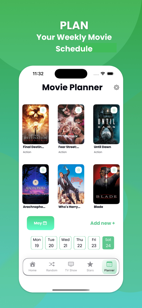 Interface do aplicativo Movie Boxes mostrando a agenda semanal de filmes e recurso de planejamento