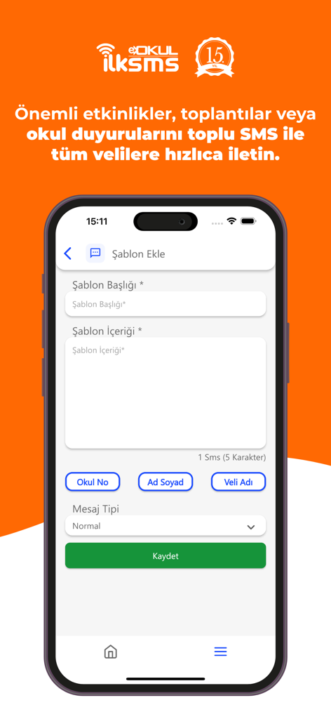 A mobile app interface for creating SMS message templates for school communication.