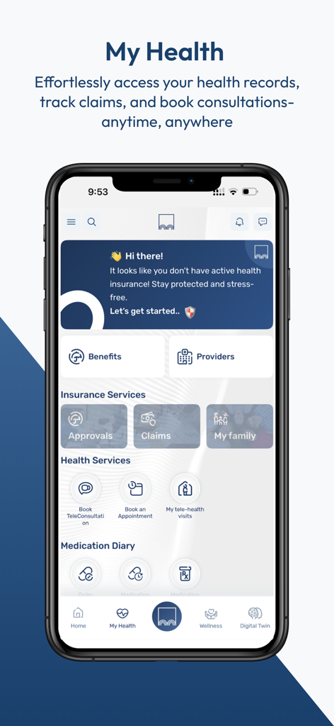 Interface do aplicativo Medgulf exibindo registros de saúde e serviços de seguro