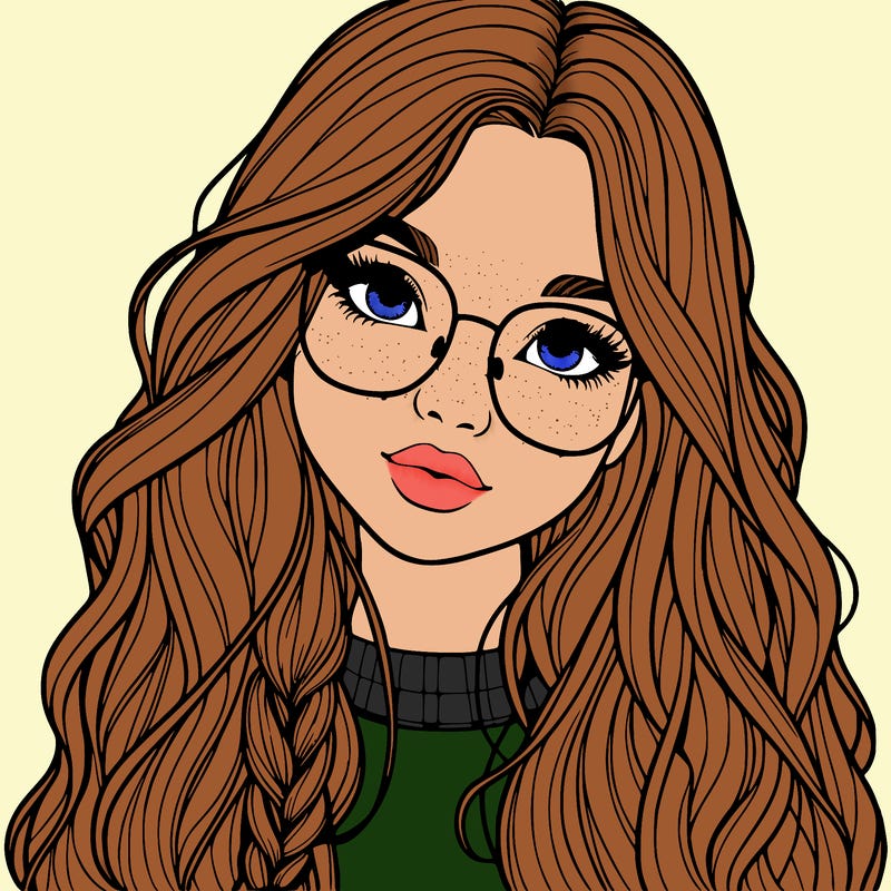 girl with long hair and freckles and glasses realistic