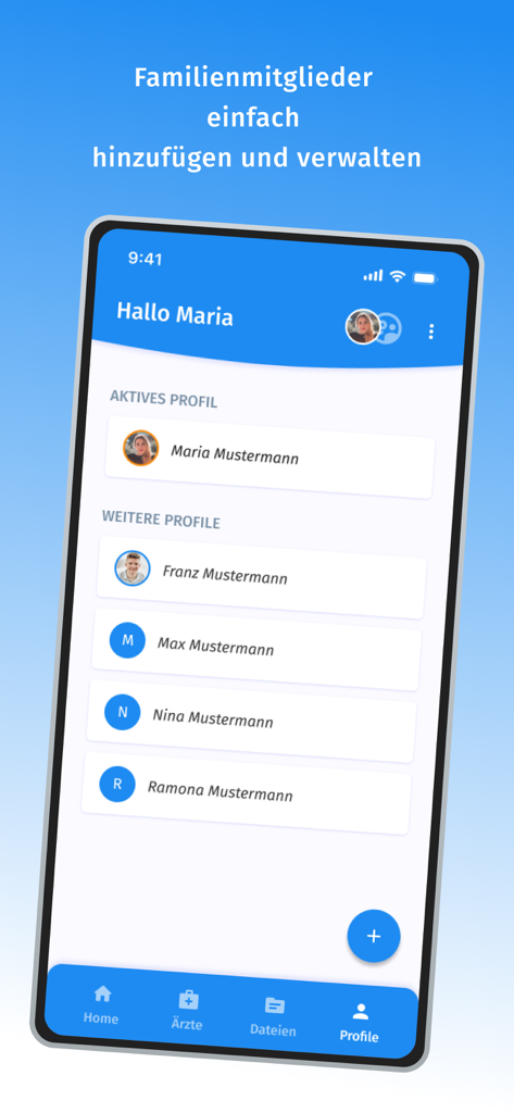arzt-direkt - Mobile app interface of arzt-direkt showing the management of multiple family member profiles for telehealth services.
