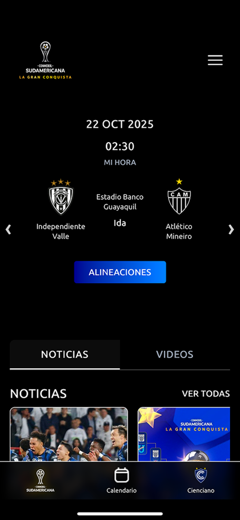 CONMEBOL Sudamericana - Pantalla de vista previa del partido de la app CONMEBOL Sudamericana para Independiente del Valle vs Atlético Mineiro
