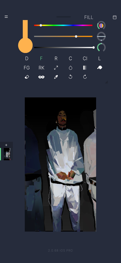 HEAVYPAINT Classic - Minimalist UI of HEAVYPAINT Classic app with color sliders and a bold digital portrait study